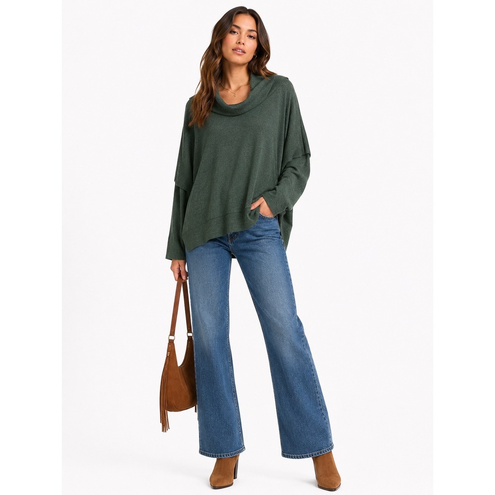 COA Cowl Neck Sweater Womens Medium Green Oversized Drop Shoulder Knit Pullover